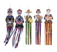 Dia De Los Muertos Sugar Skull Hanging Decor, 5pcs Large Mexican Party Porch Hanging with Fringe for Mexican Fiesta Halloween Day of the Dead Yard Tree Altar Home Indoor Outdoor