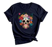 Dia De Los Muertos T-Shirt | Day of The Dead Shirt | Sugar Skull Mexican Tee | Halloween Spooky Season Graphic Women Top | Festival Costume Gift 12 Deep Navy