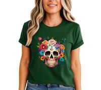 Dia De Los Muertos T-Shirt | Day of The Dead Shirt | Sugar Skull Mexican Tee | Halloween Spooky Season Graphic Women Top | Festival Costume Gift M (12-14) Bottle Green