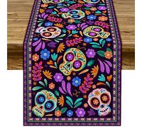 Dia De Los Muertos Table Runner Cinco de Mayo Rustic Linen Mexican Sugar Skull Day of The Dead Altar Decoration for Home Kitchen Dining Room (13" x 90")