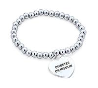 Diabetes On Insulin Medical ID Stretch Bead Bracelet Heart Shape Charm Tag For Women Teen Steel Custom Engraved