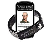 Diabetes Type 2 Medical Alert Bracelet. Expanding Stainless Steel Enclosure 2X ICE Insert Cards 100% Waterproof. Updateable. Works with www.You-ID.me Emergency ID SOS Alert Service