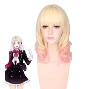 Diabolik Lovers Komori Yui Pink Blonde Ombre Mix Curly Medium Flat Bangs Styled Synthetic Hair Cosplay Full Wigs women PL-585