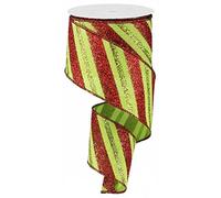 Diagonal Glitter Stripe Wired Edge Ribbon - 2.5" x 10 Yards (Lime, Red)
