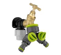 DIAH Wall Flange Kit 20mm MDPE - Brass Tap & Two Way Splitter - Outdoor Garden Hose Connector