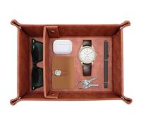 Diakey Leather Valet Tray for Men, 2 Slots Nightstand Organizer Entryway Table Catchall Tray Vanity Tray Bedside Caddy for Key, Wallet, Watch, Phone, Coin, Jewelry, Brown