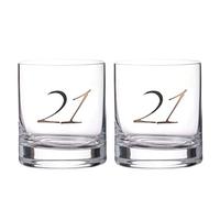 DIAMANTE "21st Birthday Whisky Tumblers - Pair of Crystal Short Glasses with Platinum Embossed 21 Lettering