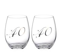 DIAMANTE Crystal Stemless Wine Glasses Birthday/Anniversary Set, 2 Pieces, Premium Lead-Free Crystal with Embellishment Crystals, 380ml (40th Birthday/Anniversary)