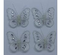 Diamante Glitter Mesh Jewelled Butterfly 3D Decorative Butterflies Wedding Home Party Event Craft Embellishment Festive Stylish Xmas Tree Christmas Decoration Curtain Clip On (4 x White)