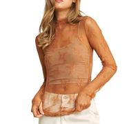 Diamante Mesh Top Mesh Tops for Women Uk Long Sleeve Plus Size Glitter Crew Neck Long Sheer Top Sexy See Through Solid Soft Net Lace Blouse Breathable High Elasticity Women's Party Tops Coffee l