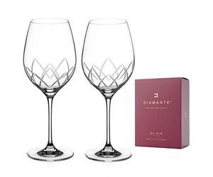 DIAMANTE Red Wine Glasses Pair - ‘Lotus’ Collection Hand Cut Crystal Wine Goblets Set of 2