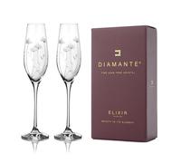 DIAMANTE Set of 2 Crystal Champagne Flute Floral Glasses - Bloom - Hand Cut Floral Pattern with Crystals - in Gift Box