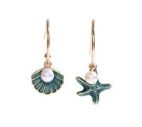 DIAMANTIO 18K Gold Plated Asymmetrical Sea Shell Starfish Dangle Earrings for Women, Enamel Ocean Style Hoop Earrings with Faux Pearl Charm, Lightweight Beach Inspired Jewelry, Summer Fashion