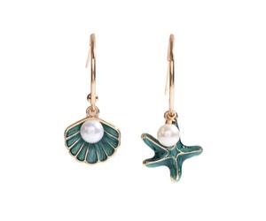 DIAMANTIO 18K Gold Plated Asymmetrical Sea Shell Starfish Dangle Earrings for Women, Enamel Ocean Style Hoop Earrings with Faux Pearl Charm, Lightweight Beach Inspired Jewelry, Summer Fashion