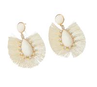 DIAMANTIO 18K Gold Plated, Boho Tassel Drop Earrings for Women - White Fringe Fan Earrings with Teardrop Cubic Zirconia and Rhinestones, Statement Festival Jewelry