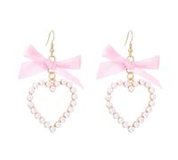 DIAMANTIO 18K Gold Plated Bow Heart Dangle Earrings for Women, Pink Ribbon and Faux Pearl Heart Drop Earrings, Cute Romantic Statement Earrings Lightweight Jewelry for Daily Wear
