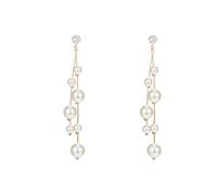 DIAMANTIO 18K Gold Plated Elegant Gold Long Dangle Pearl Earrings for Women - Multi-Layer Faux Pearl Drop Earrings with CZ Crystal Stud, Lightweight Statement Jewelry