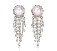 DIAMANTIO 18K Gold Plated, Luxury Pearl Tassel Dangle Earrings for Women - Statement Cubic Zirconia Crystal Rhinestone Drop Earrings for Wedding, Party, Prom, Evening