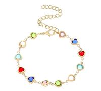 DIAMANTIO 18K Gold Plated Multicolor Heart Charm Bracelet for Women, Rainbow Crystal Link Chain Adjustable Bracelet, Cute Colorful Gemstone Hearts Jewelry Gift for Daily Wear Party Outfit