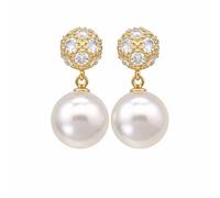 DIAMANTIO 18K Gold Plated Pearl Drop Earrings with Cubic Zirconia Ball Stud, Classic Round Simulated Pearl Dangle Earrings for Women, Sparkling CZ Cluster Top, Lightweight Luxury Jewelry for Party