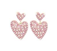 DIAMANTIO 18K Gold Plated, Pink Crystal & Cubic Zirconia Heart Dangle Earrings - Sparkling Rhinestone & Pearl Statement Earrings, Romantic Jewelry for Parties & Special Occasions