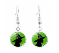 DIAMANTIO 18K Gold Plated Witch Silhouette Green Drop Earrings - Halloween Inspired Dangle Earrings with Witch Hat Design, Spooky Costume Statement Jewelry