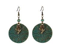 DIAMANTIO Bohemian Vintage Style Round Dangle Earrings with Floral Charm and Beaded Accent, Antique Bronze & Teal Pattern, Lightweight Statement Jewelry for Women