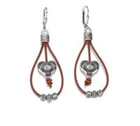 DIAMANTIO Boho Leather Cord Heart Dangle Earrings - Handmade Tribal Silver Tone Beads & Brown Cord Statement Earrings for Women