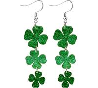 DIAMANTIO Glitter Shamrock Dangle Earrings - Long Green Four-Leaf Clover Earrings for Women, St. Patrick’s Day Party Statement Jewelry (8.5cm Length) #D030425