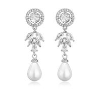 DIAMANTIO Statement 18K Gold Plated Teardrop Pearl Earrings for Women - Cubic Zirconia Dangle Earrings, Elegant Bridal Jewelry Gift