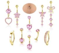 Diamday 10pcs Belly Button Bars Surgical Steel Belly Bar Ring Gold Button Piercing 14G Navel Bars Dangly Heart Butterfly Flower Silver Gold Navel Piercing Jewellery for Women Gold B