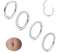 Diamday 14G Belly Button Rings Surgical Steel for Women Clear CZ Opal Clicker Navel Rings Belly Bar Nose Lip Eyebrow Body Piercing Jewelry Sliver 8mm