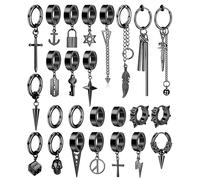 Diamday 25Pcs Mens Earrings Clip on Earrings Black Huggie Hoops Set