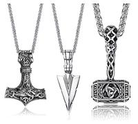 Diamday 3Pcs Men's Necklace Viking Stainless Steel Thor Hammer Triangle Spearpoint Arrowhead Mjolnir Pendant Chain Necklace Talisman Necklace Vintage Viking Jewelry for Men Boy With Basket Chain A
