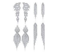 Diamday 4 Pairs Silver Clip on Dangle Earrings for Women Rhinestone Tassle Earrings Angel Wings Sparkly Chandelier Earrings for Brides Bridesmaids Wedding Prom Jewelry Non Pierced