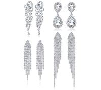 Diamday 4 Pairs Silver Clip on Dangle Earrings for Women Rhinestone Tassle Earrings Angel Wings Sparkly Chandelier Earrings for Brides Bridesmaids Wedding Prom Jewelry Non Pierced
