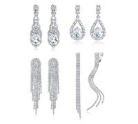 Diamday 4 Pairs Silver Clip on Dangle Earrings for Women Rhinestone Tassle Earrings Angel Wings Sparkly Chandelier Earrings for Brides Bridesmaids Wedding Prom Jewelry Non Pierced