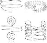 Diamday 4Pcs Upper Arm Cuff Bracelet Coil Open Arm Bracelet for Women Girls Adjustable Victorian Filigree Swirl Leaf Boho Armband Smooth Open Bangle Armlet Fashion Wrist Wrap Bracelets Silver