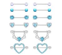 Diamday 6Pairs 14G Nipple Bars Tongue Bars 316L Surgical Steel Heart CZ Barbell Nipple Piercing Jewelry Blue