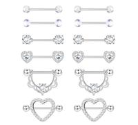 Diamday 6Pairs 14G Nipple Bars Tongue Bars 316L Surgical Steel Heart CZ Barbell Nipple Piercing Jewelry Sliver
