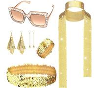 Diamday 6PCS 70s Disco Accessories for Women Fancy Dress Kit Rhinestone Thick Frame Bling Sunglasses Long Sequin Scarf Sequins Earrings Headband Bracelet Ball Earrings Retro Disco Party Jewelry Set A