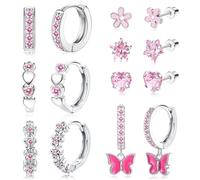 Diamday 7 Pairs Hypoallergenic Silver Earrings For Girls Women Stainless Steel Girls Earrings Cute Kids Earrings Flat Back Stud Earrings Heart Hoop CZ Star Flower Toddler Earrings Pink Multicolored1