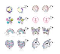 Diamday 8 Pairs Screw Back Earrings for Girls Women Cute Stud Earrings Hypoallergenic 316L Stainless Steel CZ Pearl Heart Flower Turtle Butterfly Screwback Stud Earrings Set Jewelry Gift A