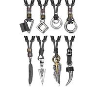 Diamday 8 Pcs Leather Necklace for Men Women Vintage Pendant Leather Cord Necklaces Black Brown Feather Arrowhead Wolf Tooth Wing Double Ring Sweater Chain Statement Mens Necklace Adjustable 2