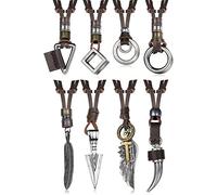 Diamday 8 Pcs Leather Necklace for Men Women Vintage Pendant Leather Cord Necklaces Black Brown Feather Arrowhead Wolf Tooth Wing Double Ring Sweater Chain Statement Mens Necklace Adjustable 1
