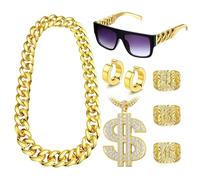 Diamday 80s 90s Hip Hop Costumes Outfit Fake Gold Chain Money Chain Rapper Punk Sunglasses Gold Hoop Earrings Chian Bracelets 1