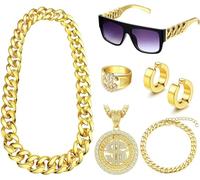Diamday 80s 90s Hip Hop Fancy Dress Costumes Kit Disco Theme Outfits Fake Gold Chain Bracelet Dollar Sign Necklace Finger Ring Money Chain DJ Punk Hippie Glasses Clip on Earrings Rapper Accessories B