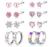 Diamday Hypoallergenic Screwback Earrings for Girls Women 316L Stainless Steel Cute Tiny CZ Heart Butterfly Flowe Hoop Earrings Screw Back Stud Earrings Set