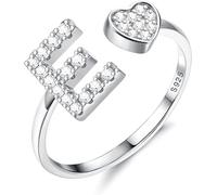 Diamday S925 Sterling Silver Adjustable Initial Rings for Women Teen Girls Personalized Capital Letter Ring Heart Stackable Alphabet Rings Initial Jewelry Gifts for Birthday Christmas Valentine Day E