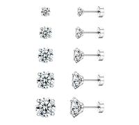 Diamday Screw Back Stud Earrings Set 20G G23 Titanium Surgical Steel Cubic Zirconia Cartilage Piercing Jewelry for Women Men Sensitive Ears CZ Tragus Helix Flat Back Earrings Stud Silver